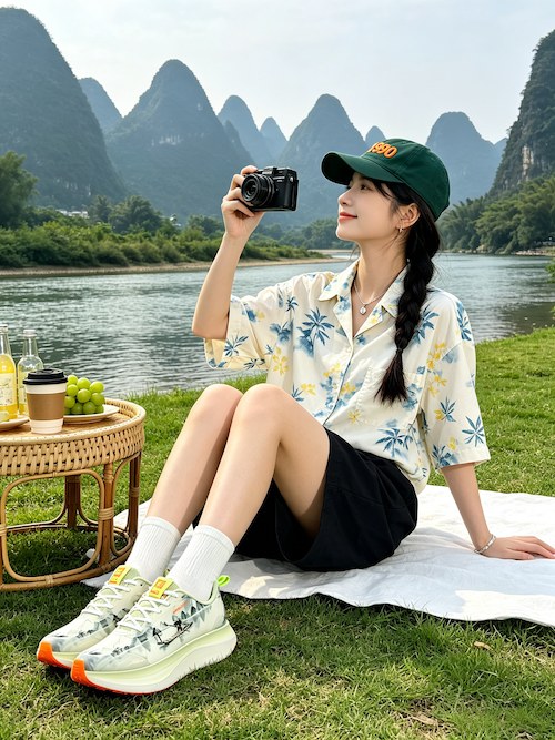 女性在山水户外体验空气速度跑鞋